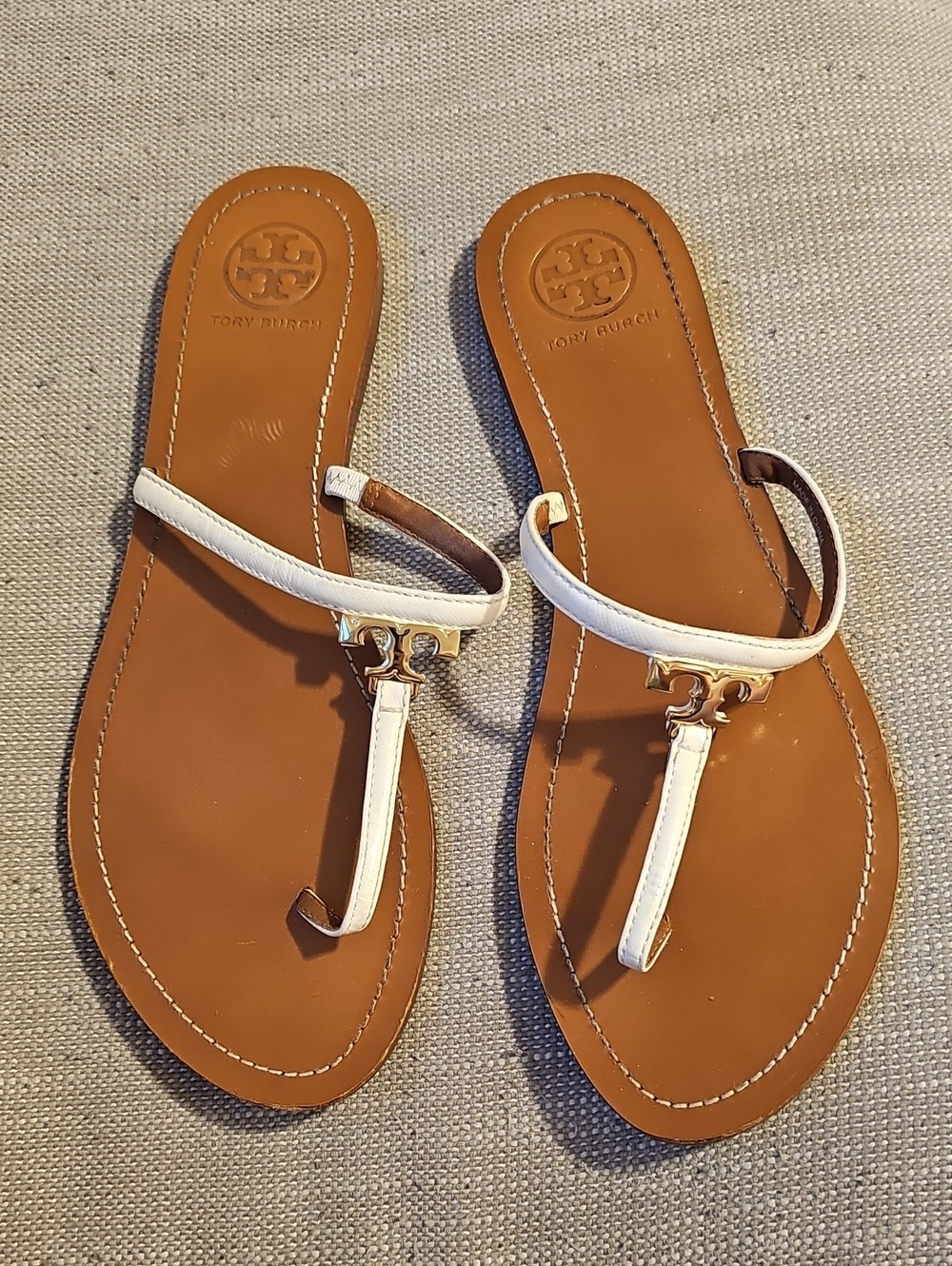 Tory Burch Brown Leather Thong Sandals with White Straps & Gold Logo